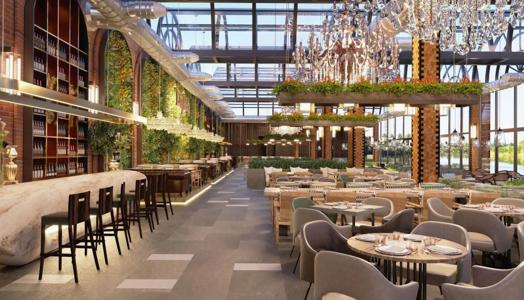 Dining room and casino floor, side by side